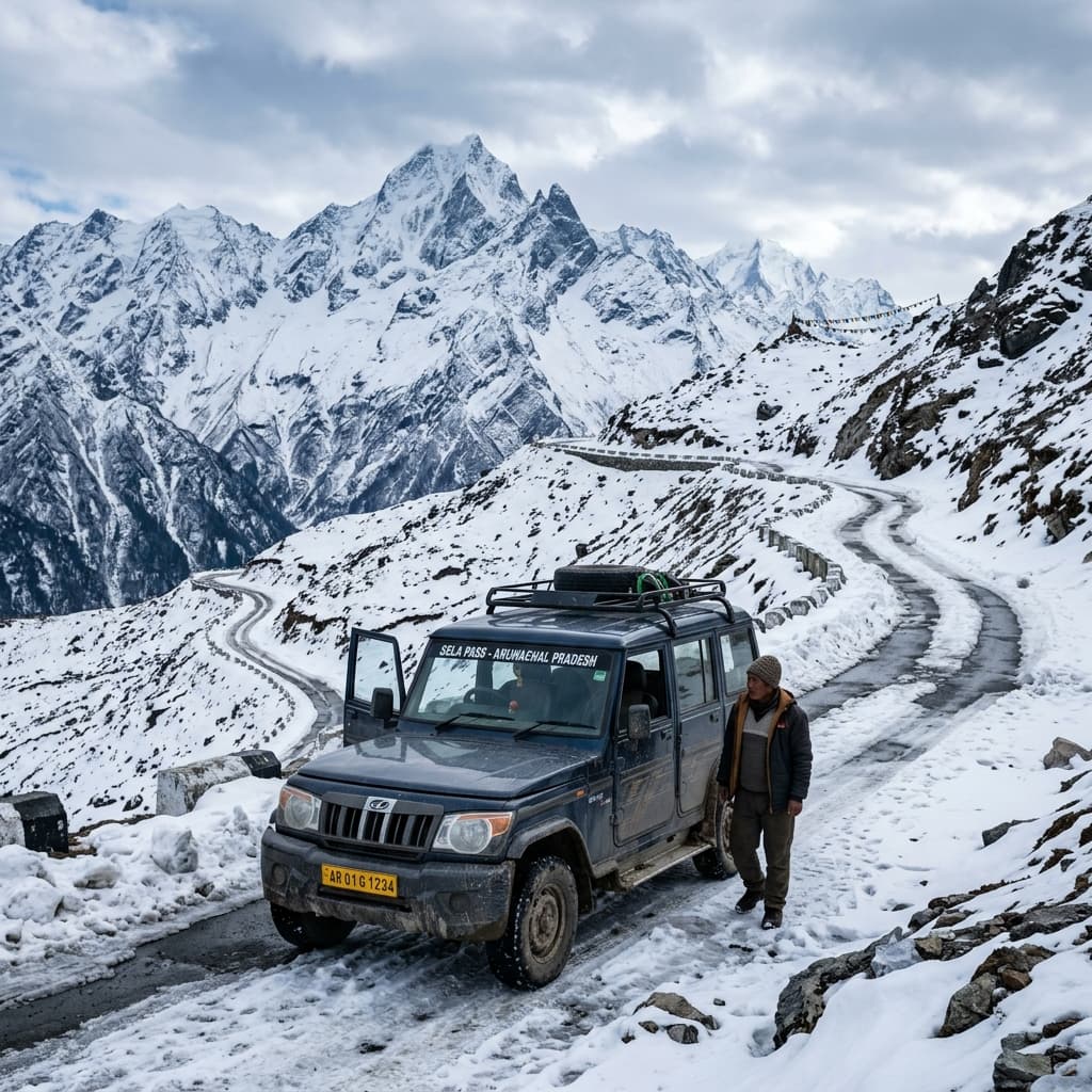 Vetted SUV vehicle navigating the snowy Sela Pass in Arunachal Pradesh